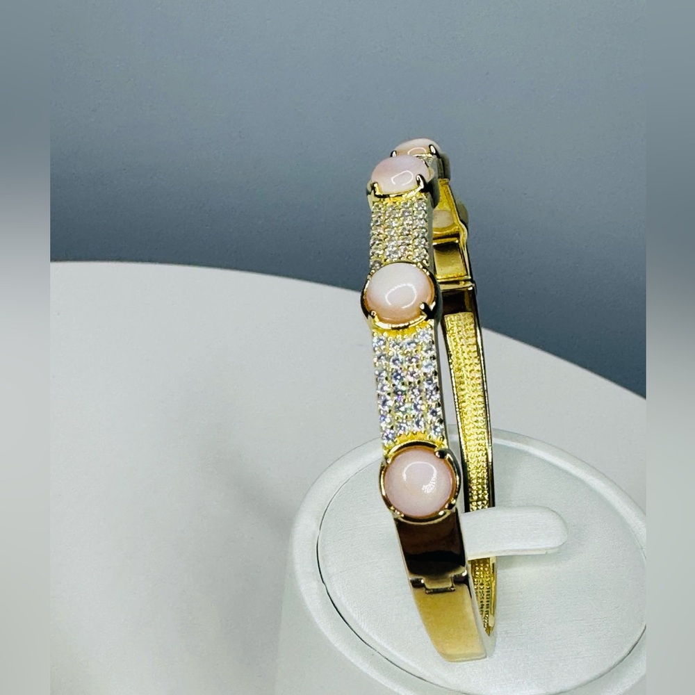 Pink Moonstone 18K Gold Sterling Silver Bangle Bracelet - Picture 4 of 7
